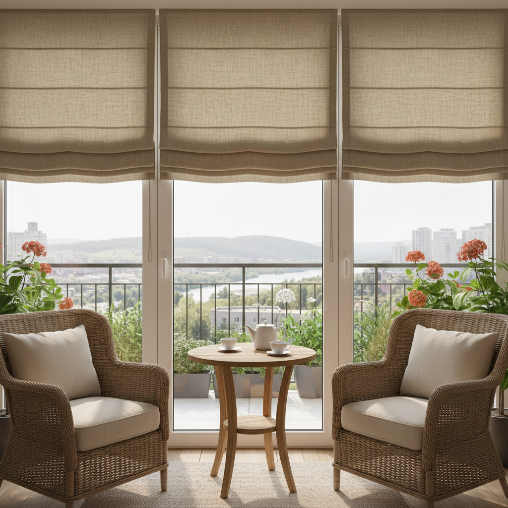 фото Балкон с римскими шторами: эстетика и функциональность