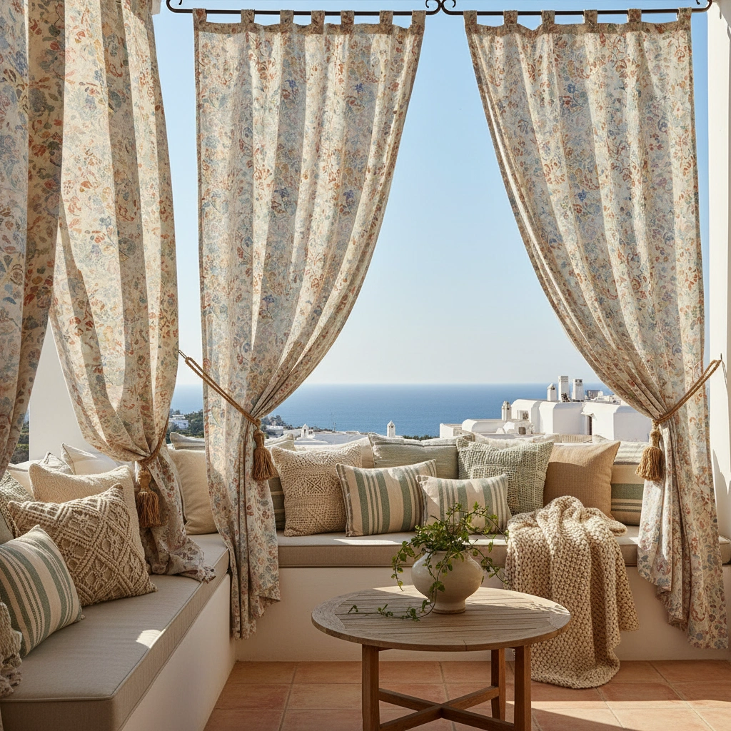 фото Балкон с текстилем: шторы и подушки