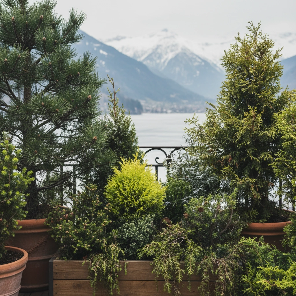 фото Балкон с хвойными: круглогодичная зелень